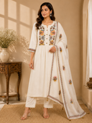 Ivory White Mul Cotton Kurti Pant & Dupatta Set