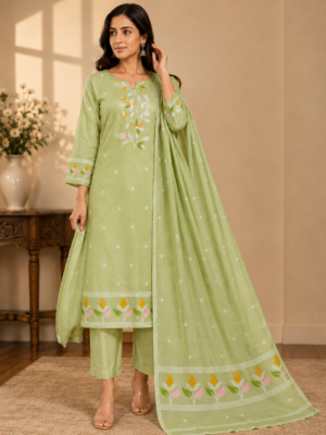 Pista Green Lenin Floral Embroidered Kurti Pant Dupatta Set for Women