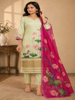 Lotus & Duck Print Jacquard Silk  Ivory Cream Kurti for Women