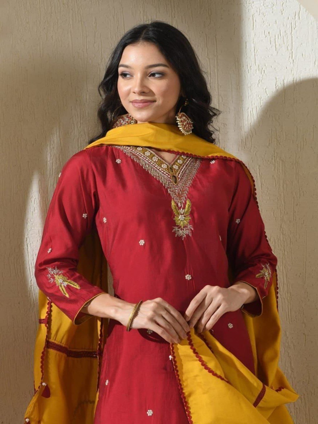 Wine Red & Mustard Pure Muslin Handwork Kurta Set - Image 3
