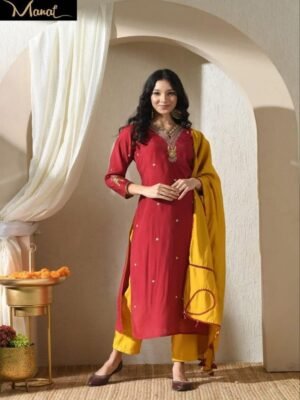 Wine Red & Mustard Pure Muslin Handwork Kurta Set