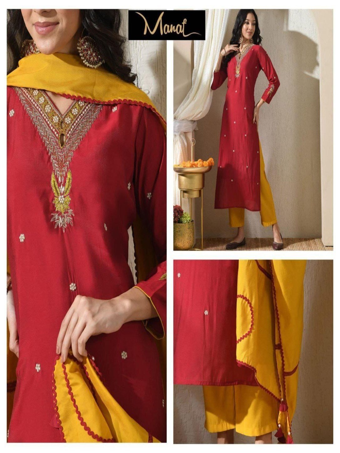 Wine Red & Mustard Pure Muslin Handwork Kurta Set - Image 2