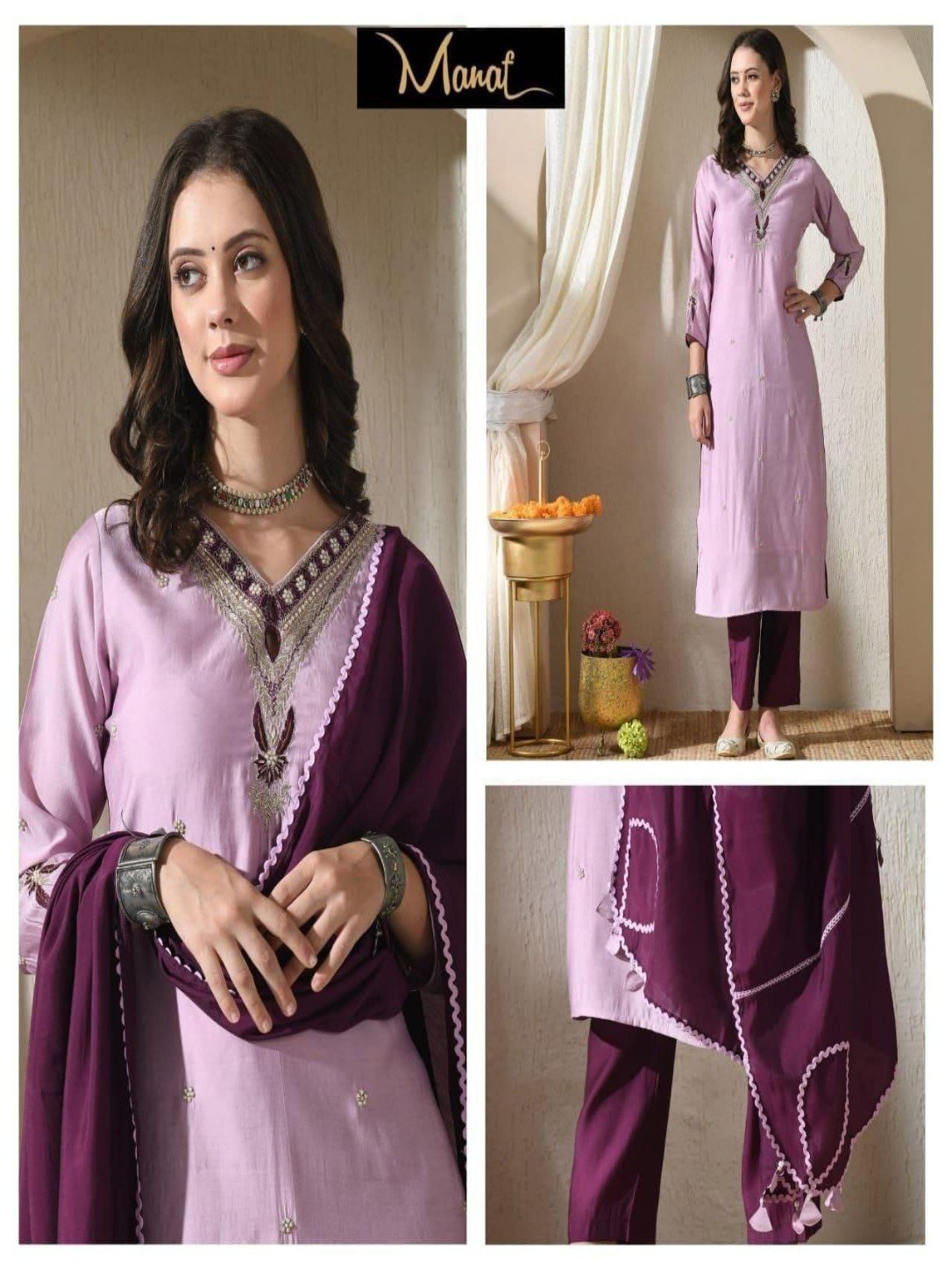 Lavender & Plum Handwork Kurta Set with Dupatta - Image 3