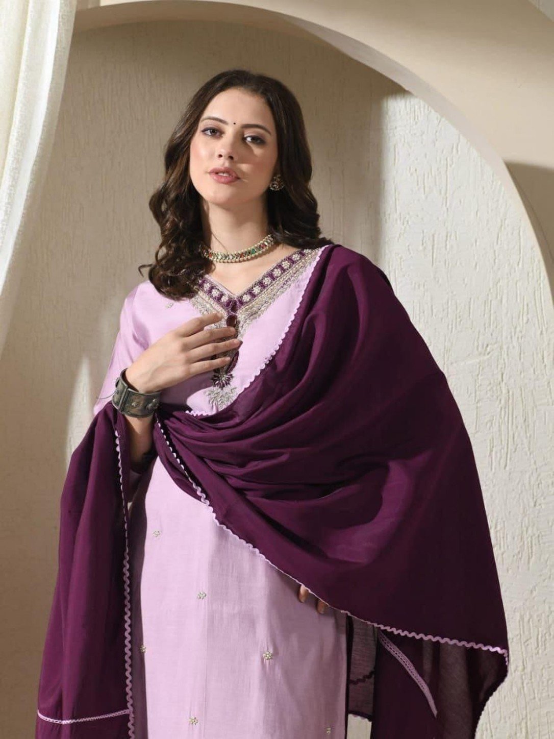 Lavender & Plum Handwork Kurta Set with Dupatta - Image 2