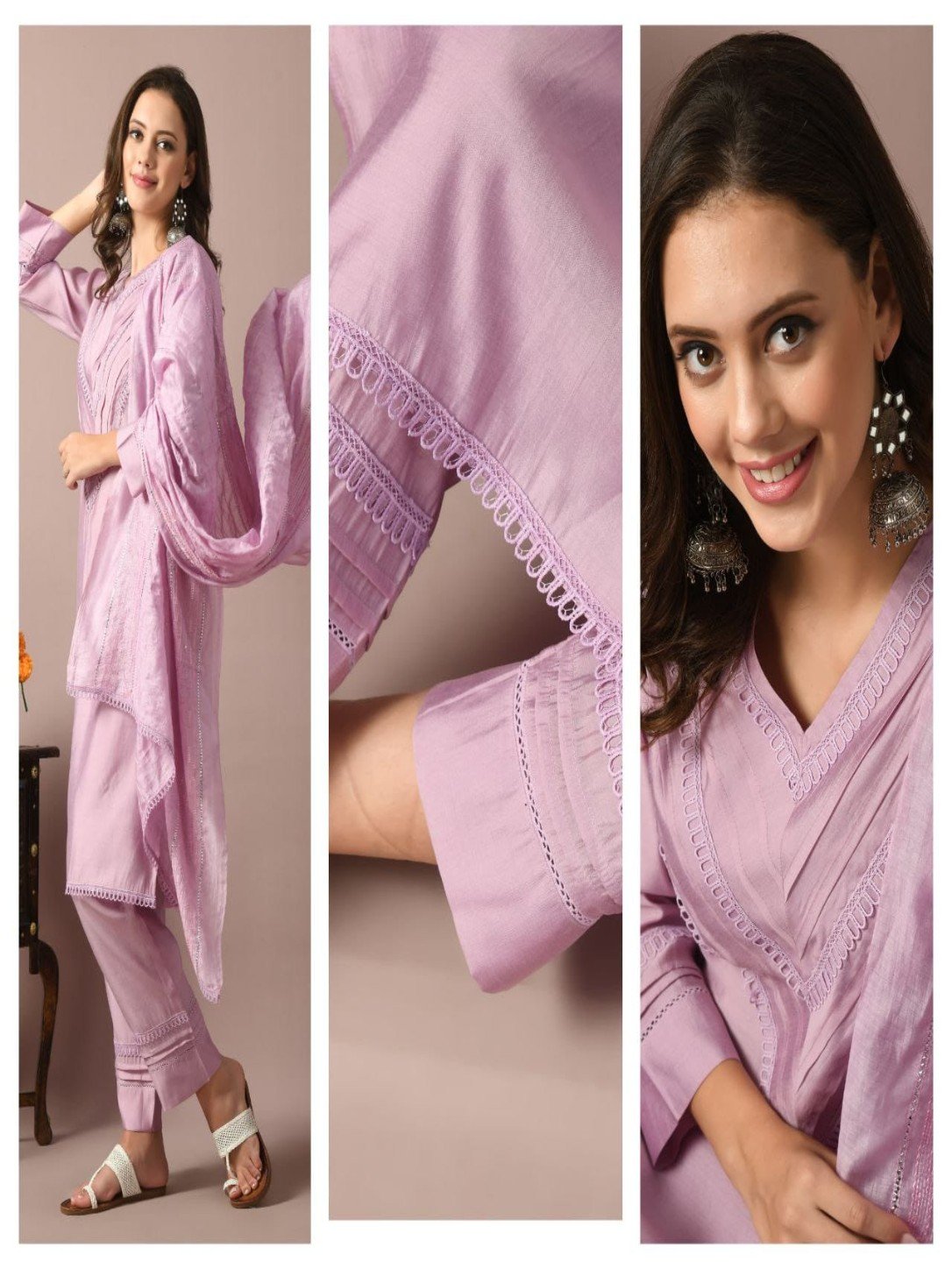 Lavender Pure Silk Lace Kurta Set with Dupatta - Image 3